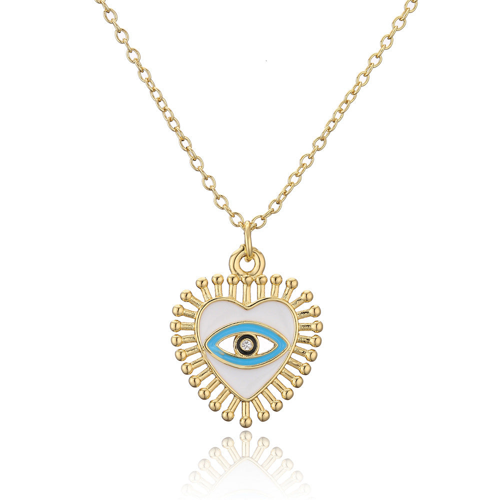 Drip Oil Heart Geometric Cubic Zirconia Inlay Brass Pendant Necklace with Cable Chain