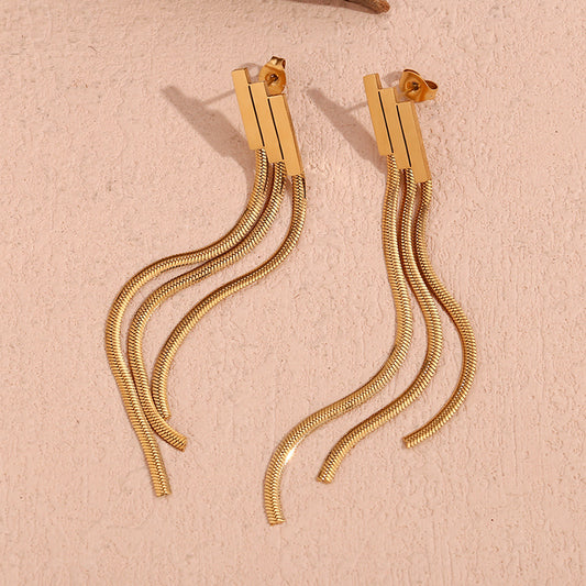 Aretes de acero inoxidable geométricos minimalistas con diseño escalonado chapado en oro de 18 quilates y cadena colgante para mujer