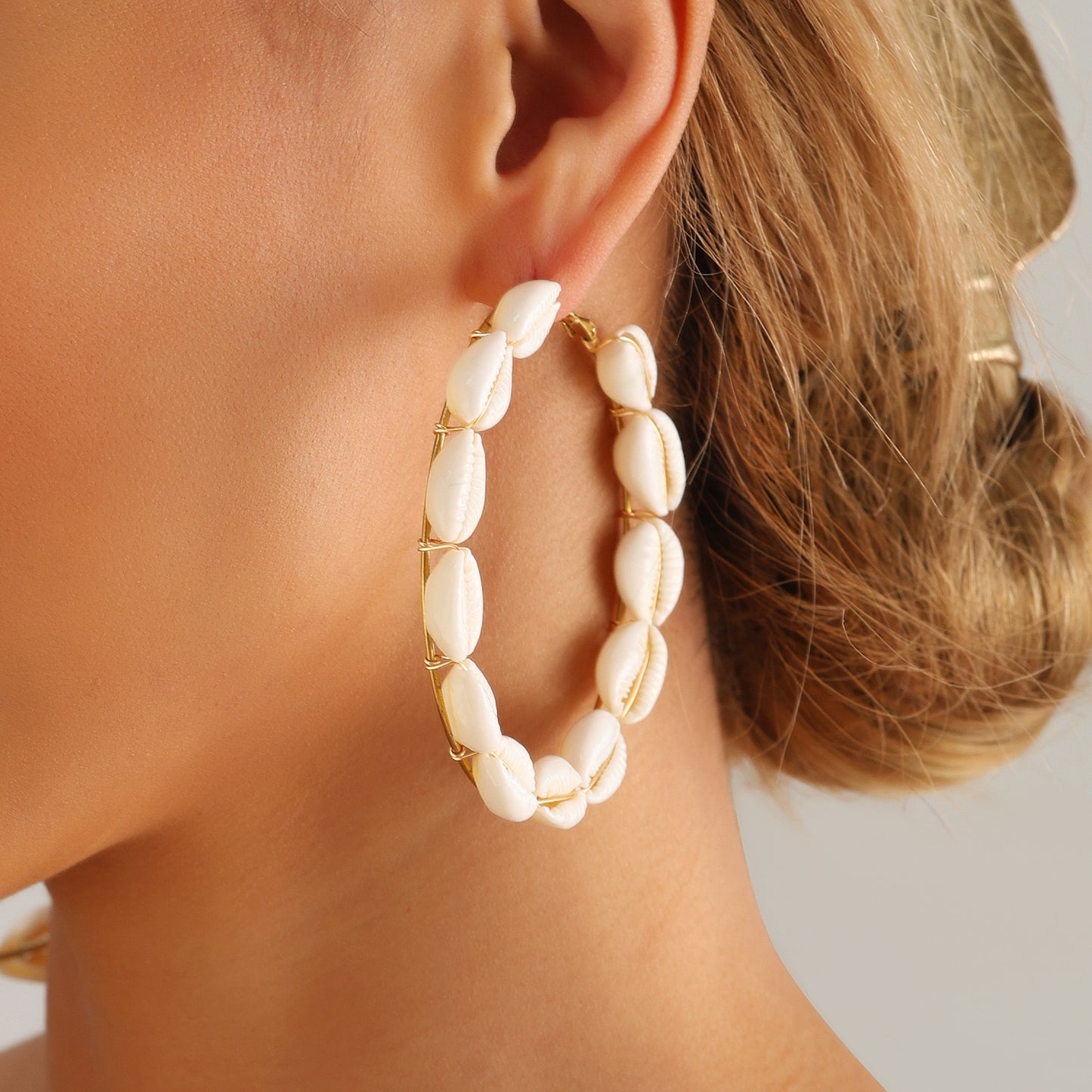 Geometric Shell Earrings for Women Handwoven Beach Vacation Jewelry with Plated Metal Hoops