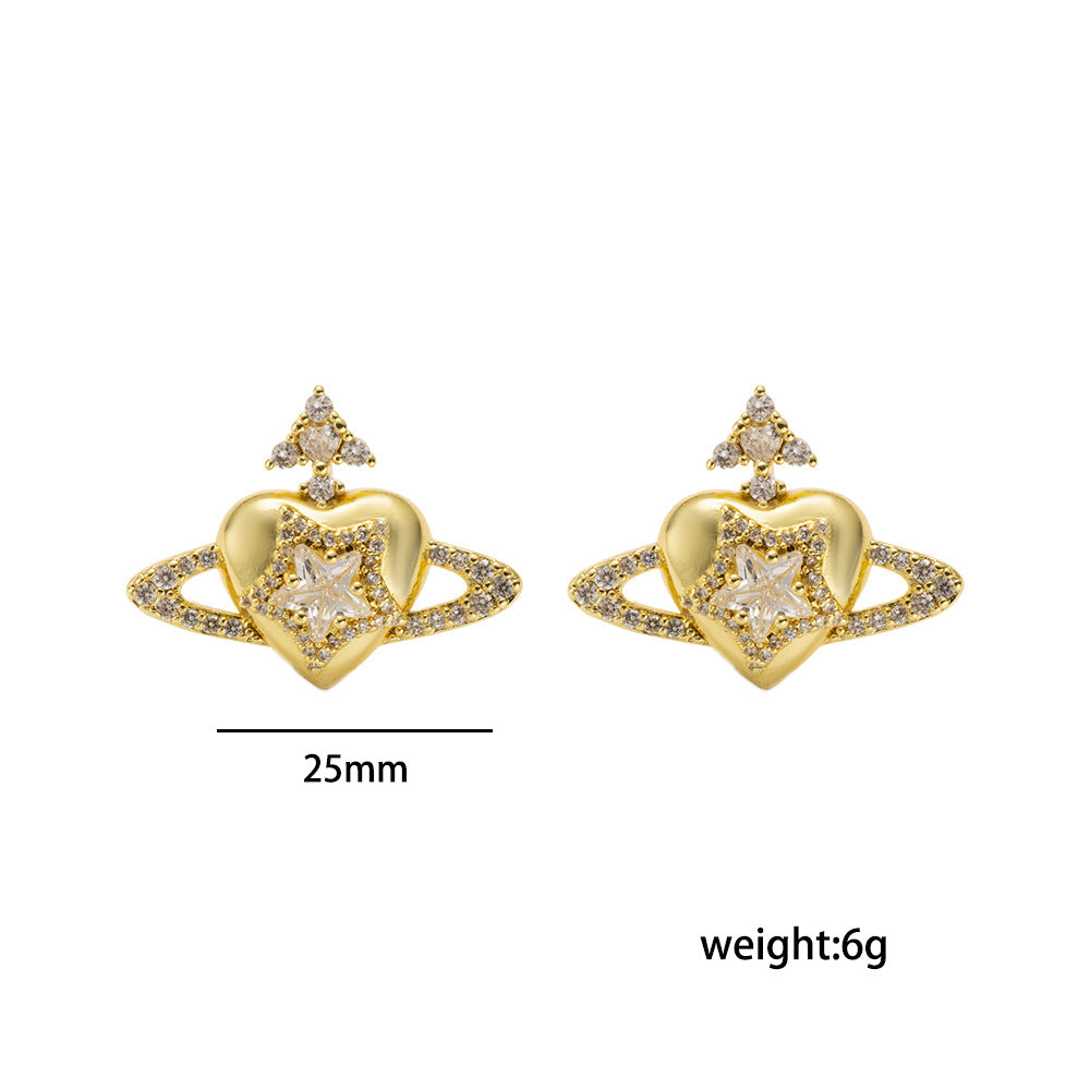 Luxury Minimalist Saturn-Shaped Gold-Plated Copper Stud Earrings for Women with Full Rhinestone Inlay