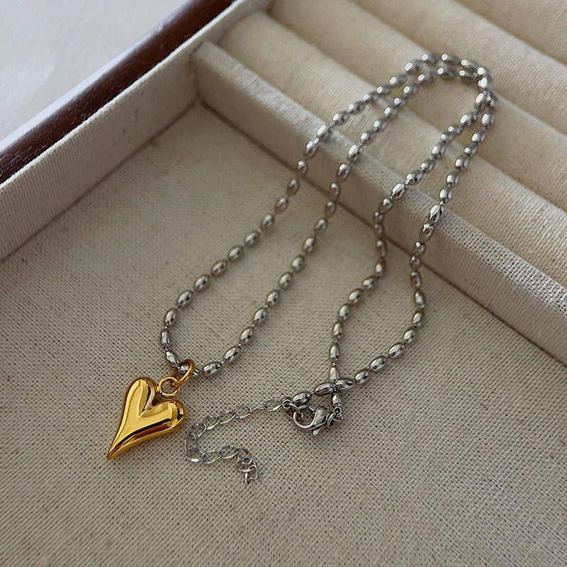Collar minimalista de acero de titanio y chapado en oro y plata con cuentas y cadena de bolitas redondas, con forma de corazón, para mujer