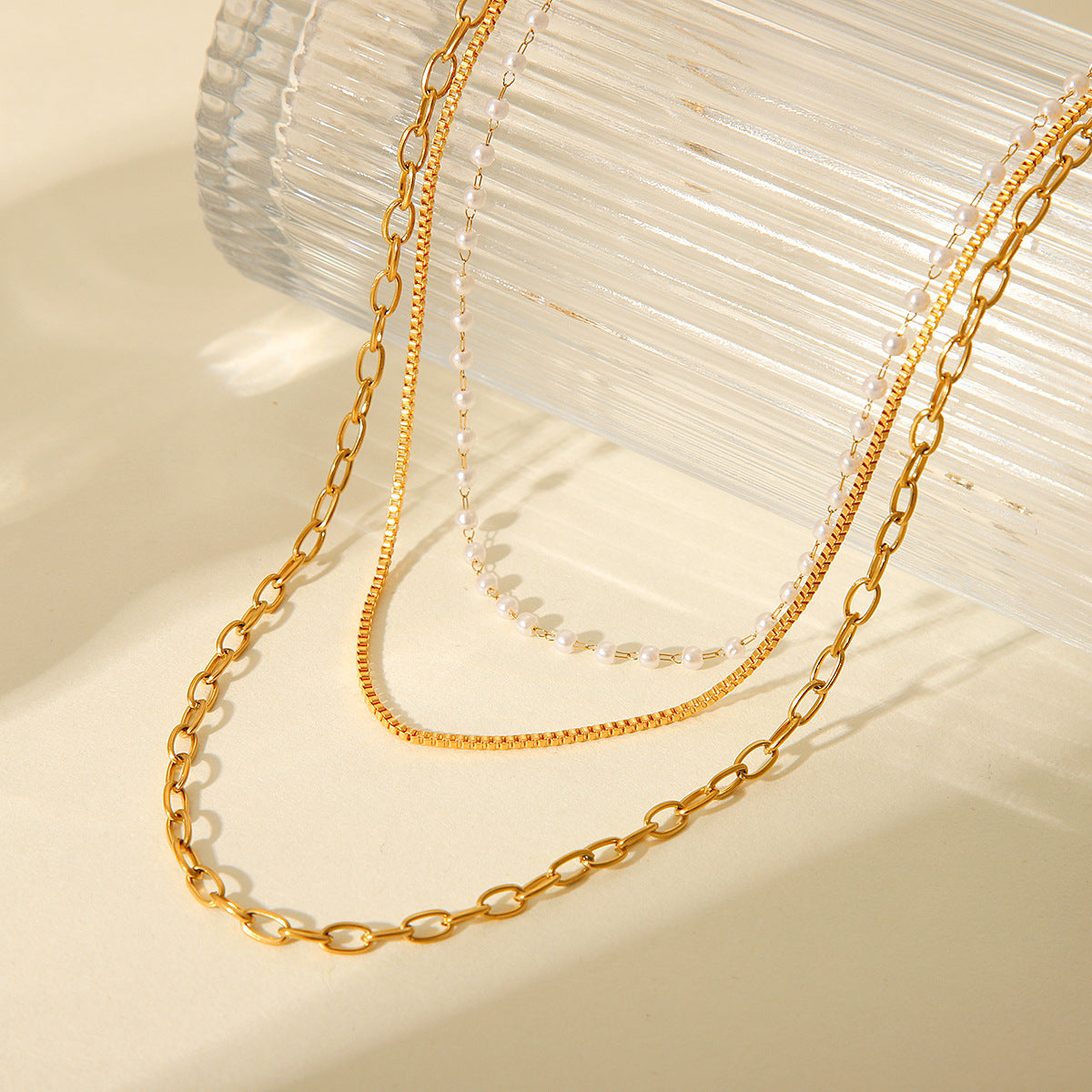 Trendy Geometric 18K Gold Plated Stainless Steel Triple Layer Pearl Necklace for Women