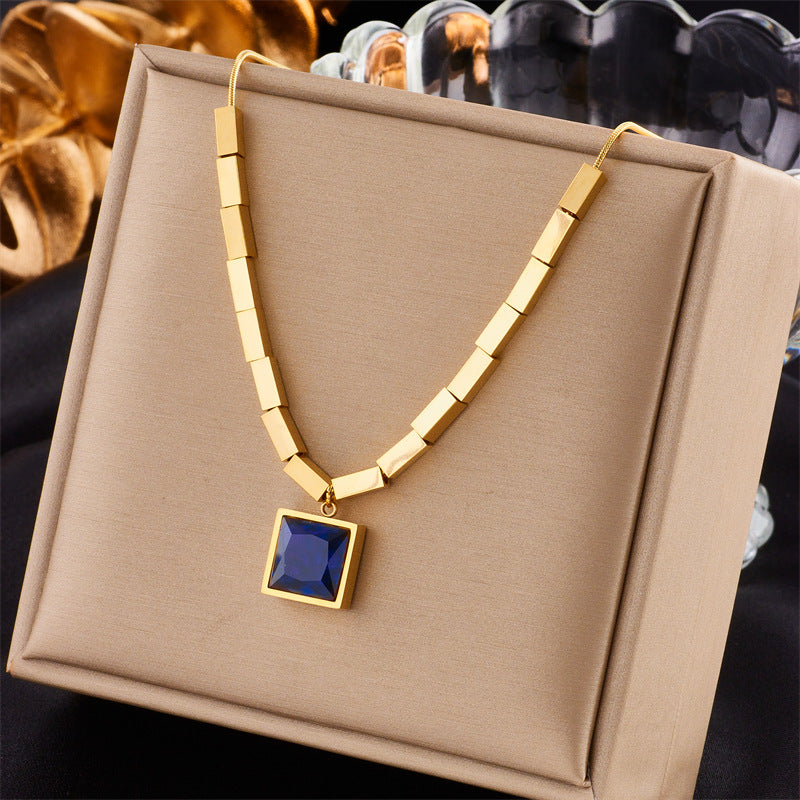 Vintage Minimalist Square Titanium Steel Necklace with Blue Rhinestone Inlay and Plated Finish