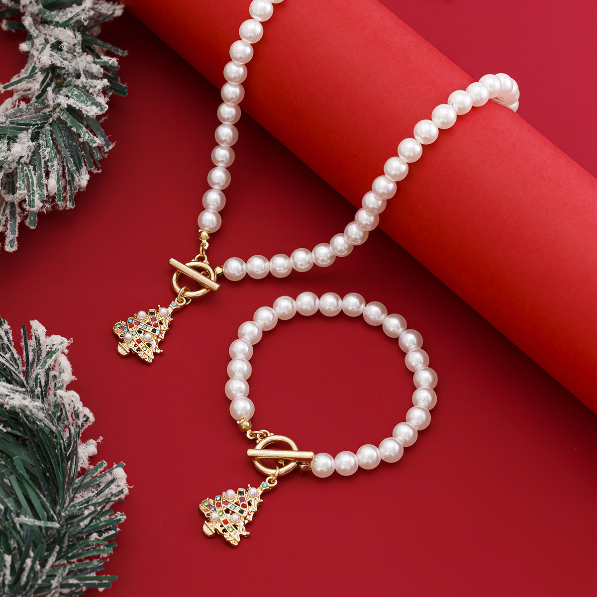 Collana pendente a fiocco di neve geometrico per albero di Natale in lega da donna con perle imitatione e finitura galvanizzata