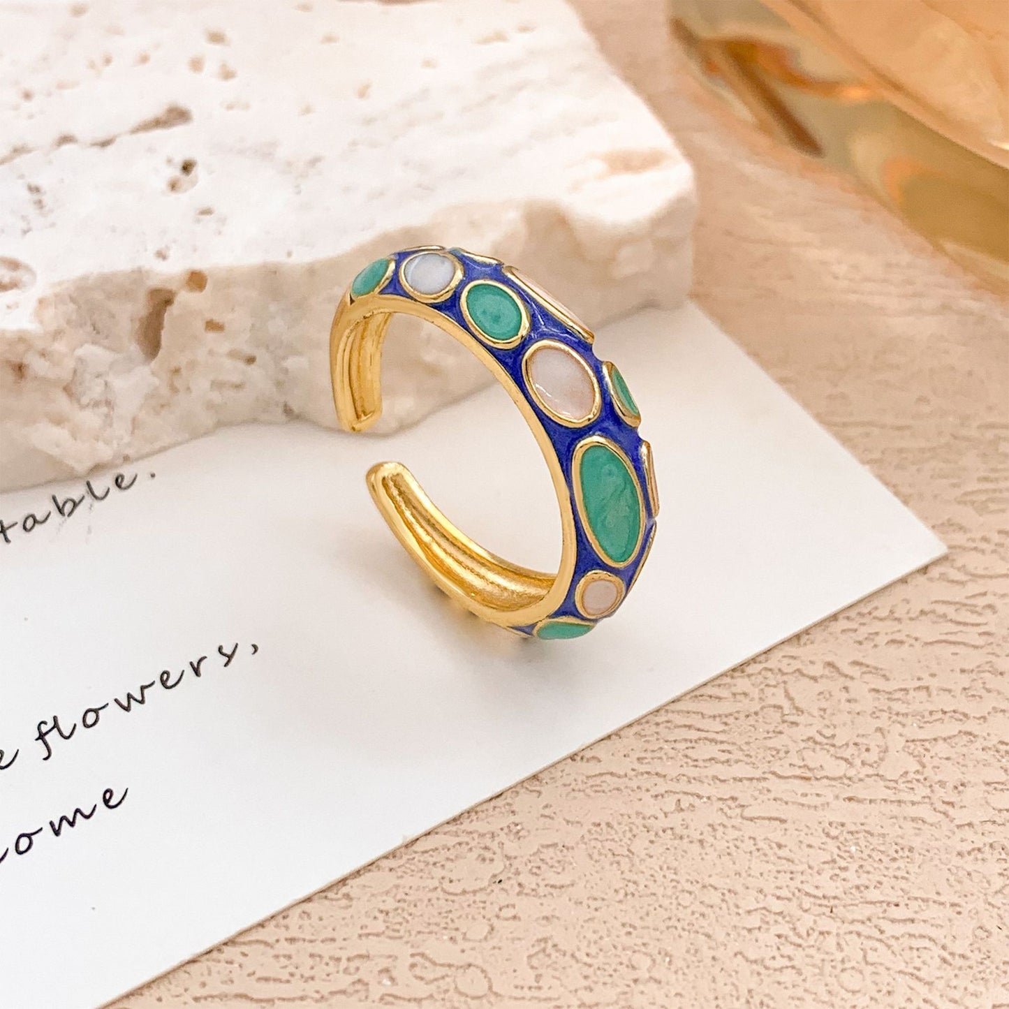 Anello regolabile aperto da donna vintage elegante in lega placcato oro con olio a goccia a pois geometrici