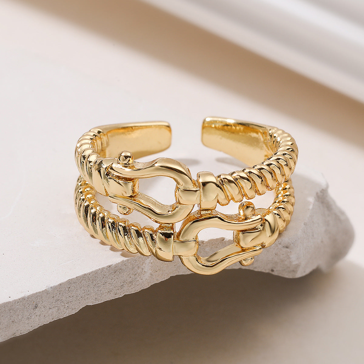 Minimalist Elegant Geometric Brass Ring with 18K Gold Plating and Cubic Zirconia Micro-inlay for Women