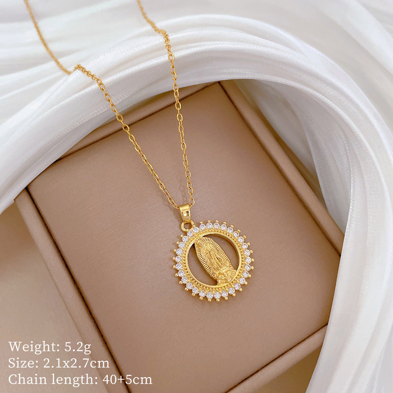 Luxury Full-Rhinestone Geometric Circle Pendant Necklace for Women and Men Titanium Steel Snake Chain Delicate Clavicle Jewelry