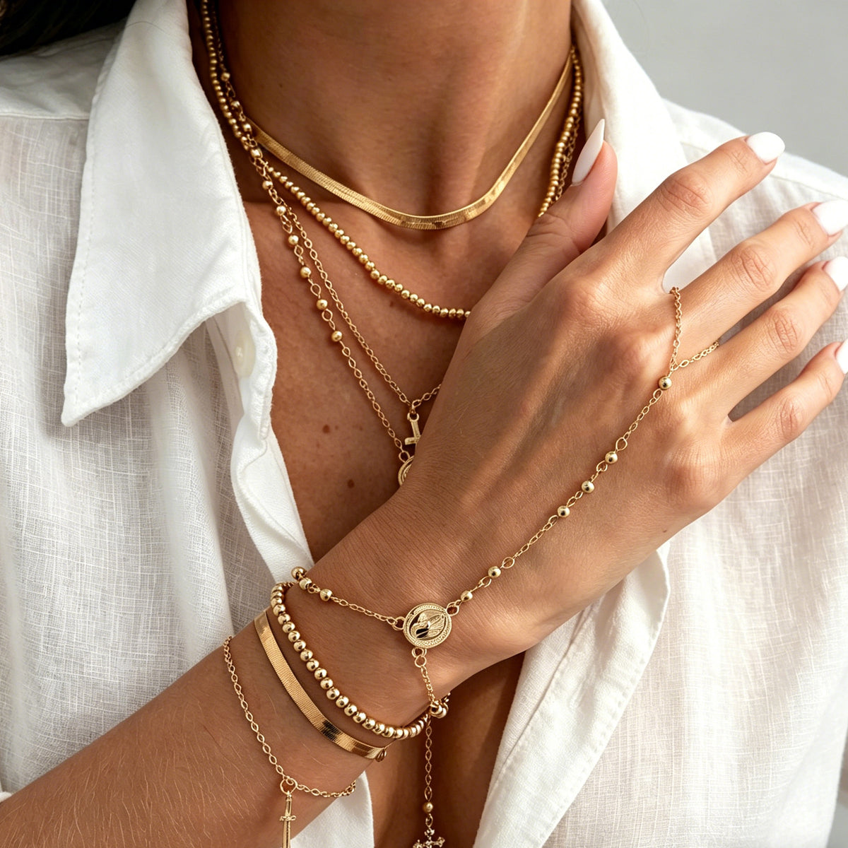 Minimalist Zinc Alloy Plated Cross Snake Chain Bracelet with CCB Beads for Women