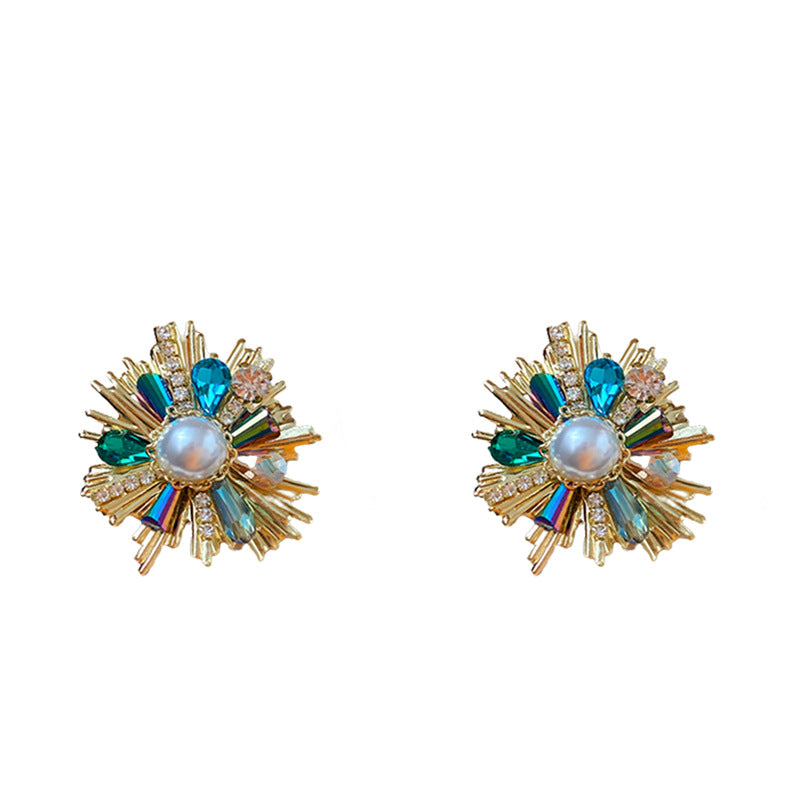 Vintage Floral Crystal Stud Earrings with Silver-Plated Steel Posts for Women