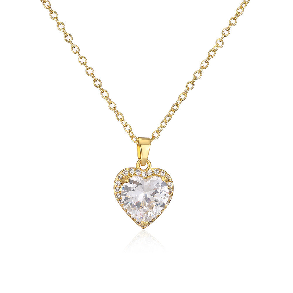 Elegante Collana Pendente a Cuore da Donna in Stile Francese con Base in Rame Placcata Oro 18K e Intarsio di Zirconi