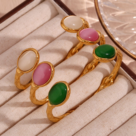 Vintage-Inspired Fashion Bracelet in Stainless Steel with 18K Gold Plating, Oval-Shaped Natural Stone Accents and Irregular Open Bangle Design