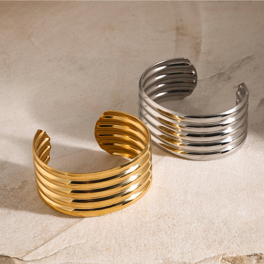 18K Gold Plated Geometric Stainless Steel Smooth Open Cuff Bracelet
