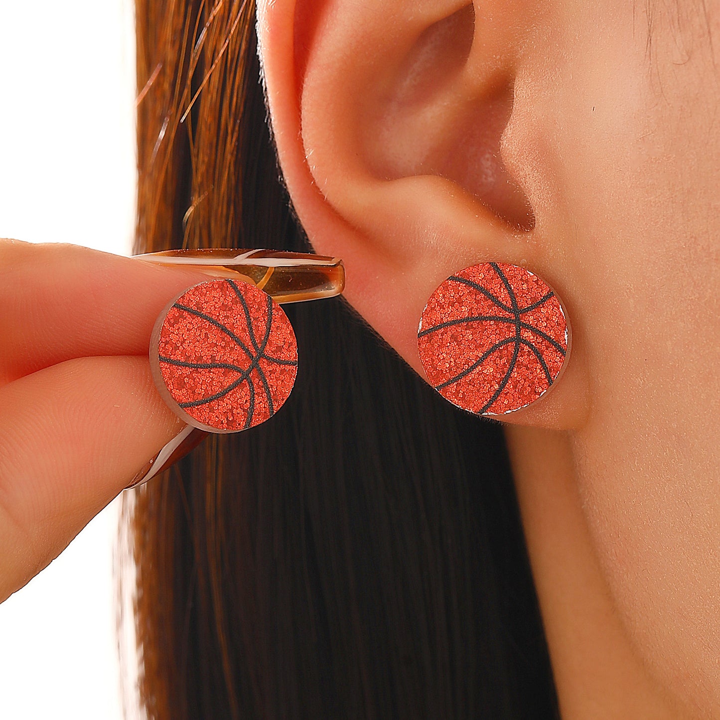 Vintage Acrylic Heart Stud Earrings with Sports Ball Print for Women