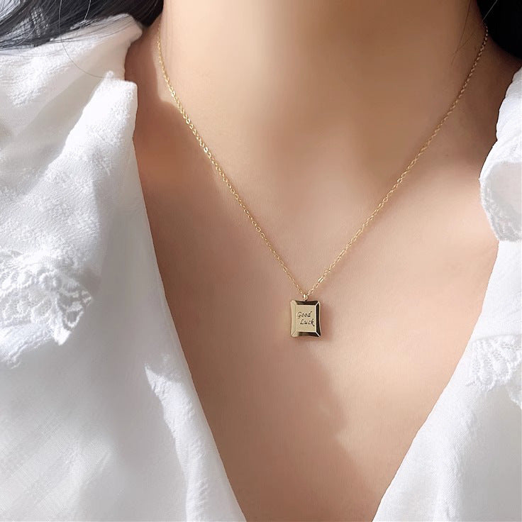 Minimalist Square Pendant Necklace with Engraved Good Luck Letter Charm in Titanium Steel for Women