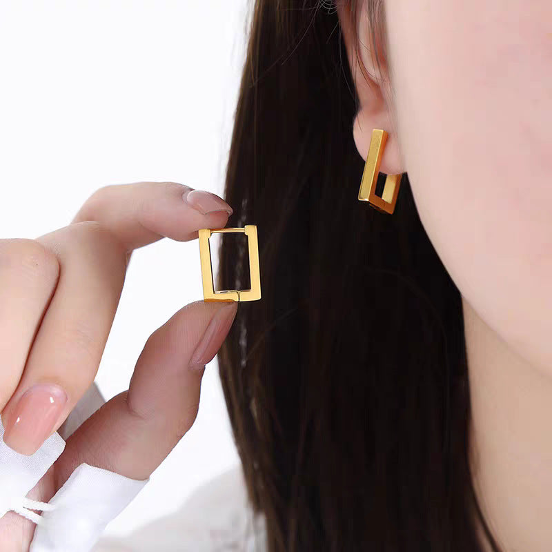 Orecchini a perno geometrici minimalisti in acciaio inossidabile placcato oro con quadrati e rettangoli, per donna, con estetica "fredda" e look raffinato