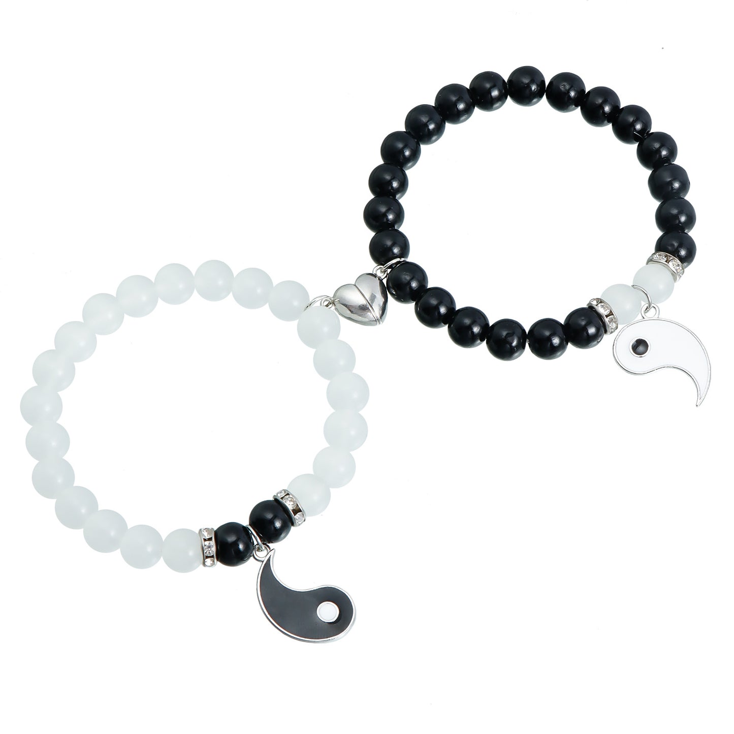 Juego de pulseras minimalistas de corazón Yin Yang con cuentas de cristal en cordón elástico para mujeres y hombres