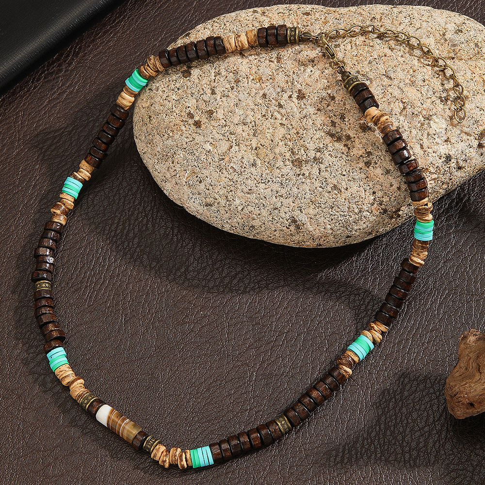 Bohemian Vintage Geometric Coconut Shell Wood Bead Handmade Alloy Necklace with Faux Pearl and Turquoise for Unisex