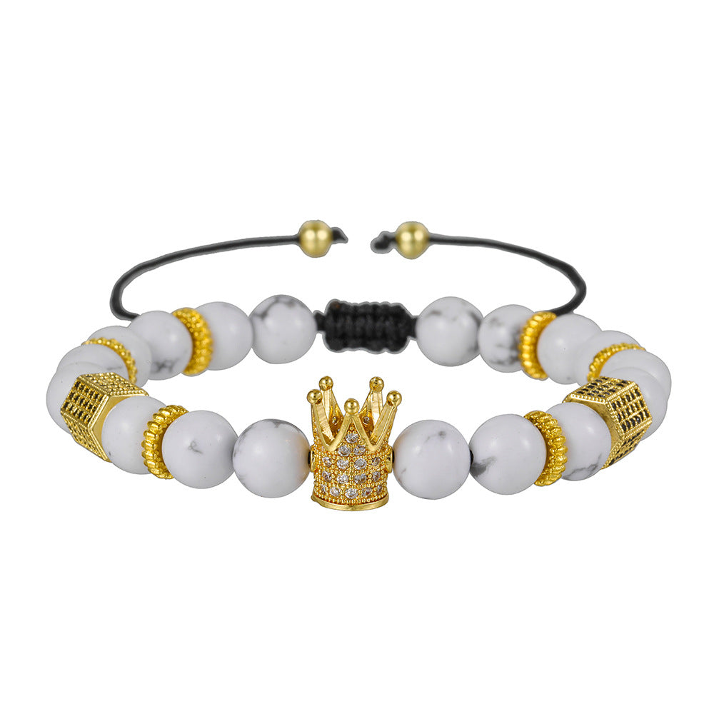 8mm Matte Black Turquoise Cubic Zirconia Crown Bracelet Adjustable Unisex Brass Jewelry