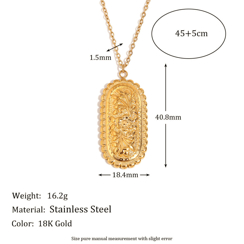 Vintage-Style Oval Embossed Necklace for Women with Stainless Steel Chain and Titanium Steel Pendant, Electroplated with 18K Gold