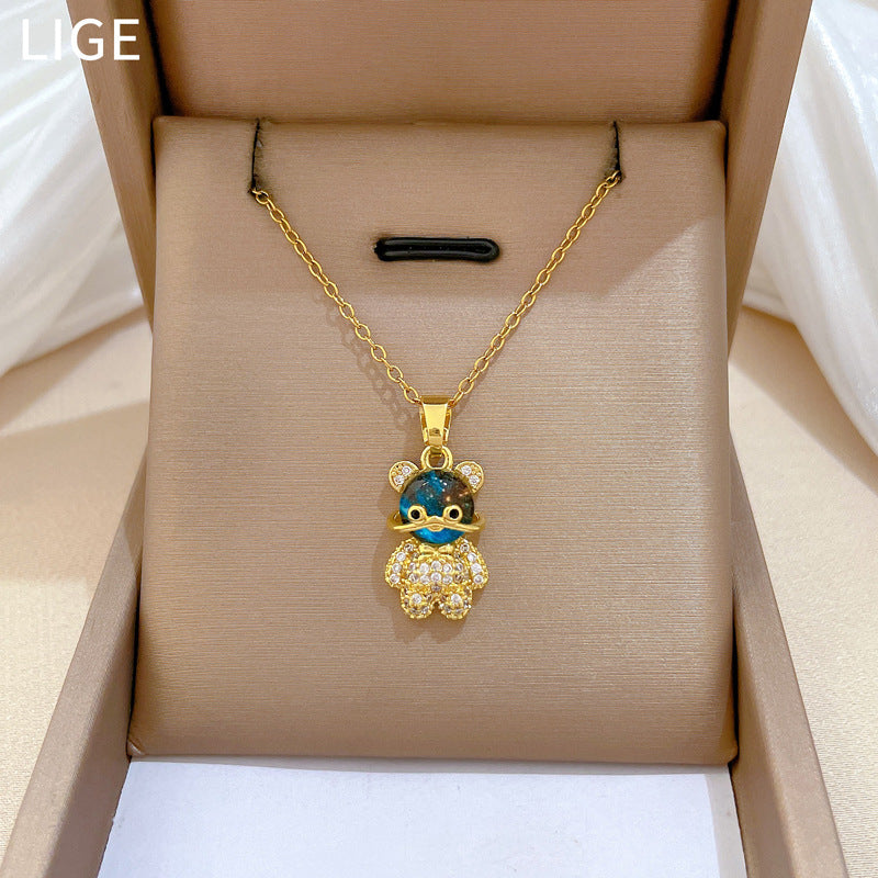 Sweet Luxury Geometric Animal Rhinestone Pendant Necklace Titanium Steel Cable Chain for Unisex