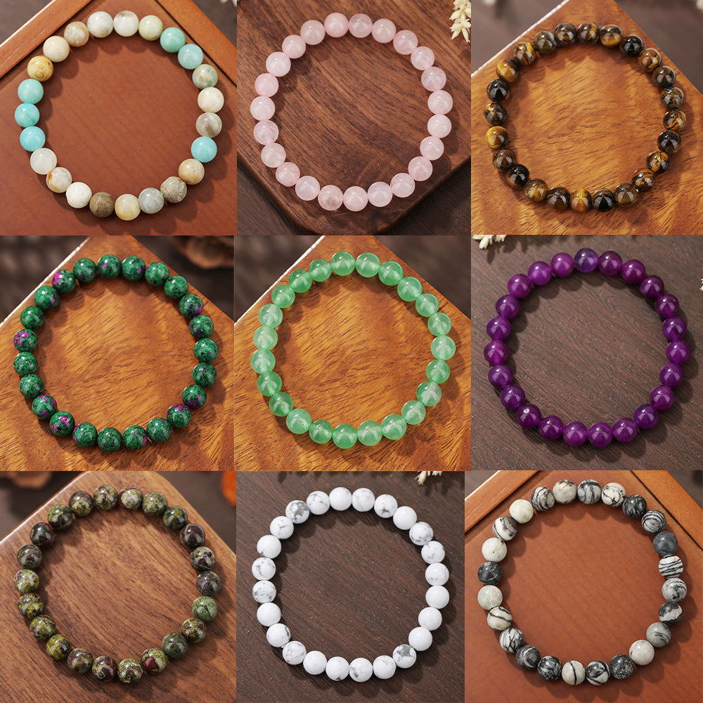 Vintage Bohemian Round Geometric Volcanic Stone Tiger Eye Rose Quartz Black Agate Amethyst Beaded Bracelet Unisex