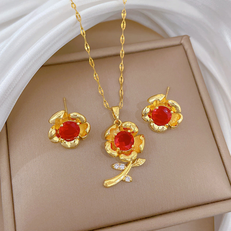 Sweet Red Rose and Moon Rhinestone Pendant Titanium Steel Necklace Set for Unisex
