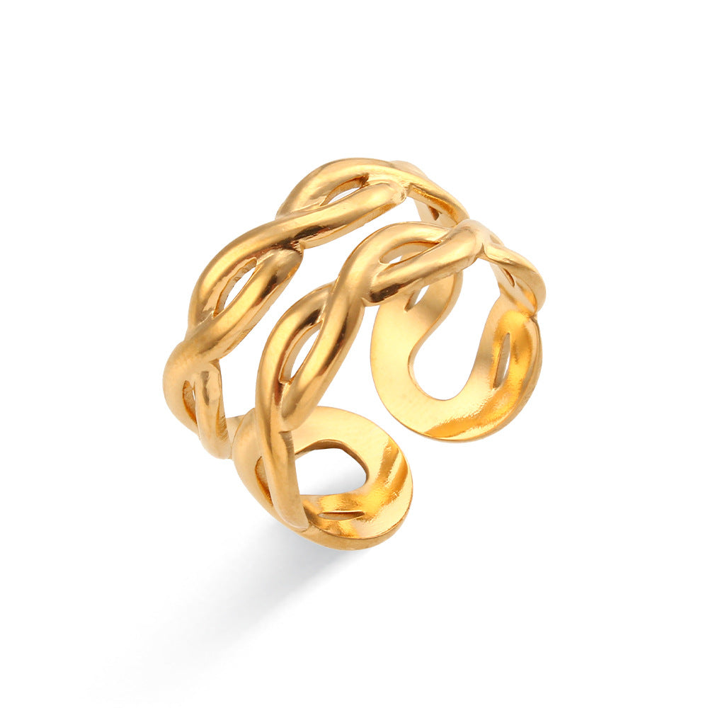 Anillo abierto trenzado de acero inoxidable calado geométrico a la moda para mujer con acabado chapado
