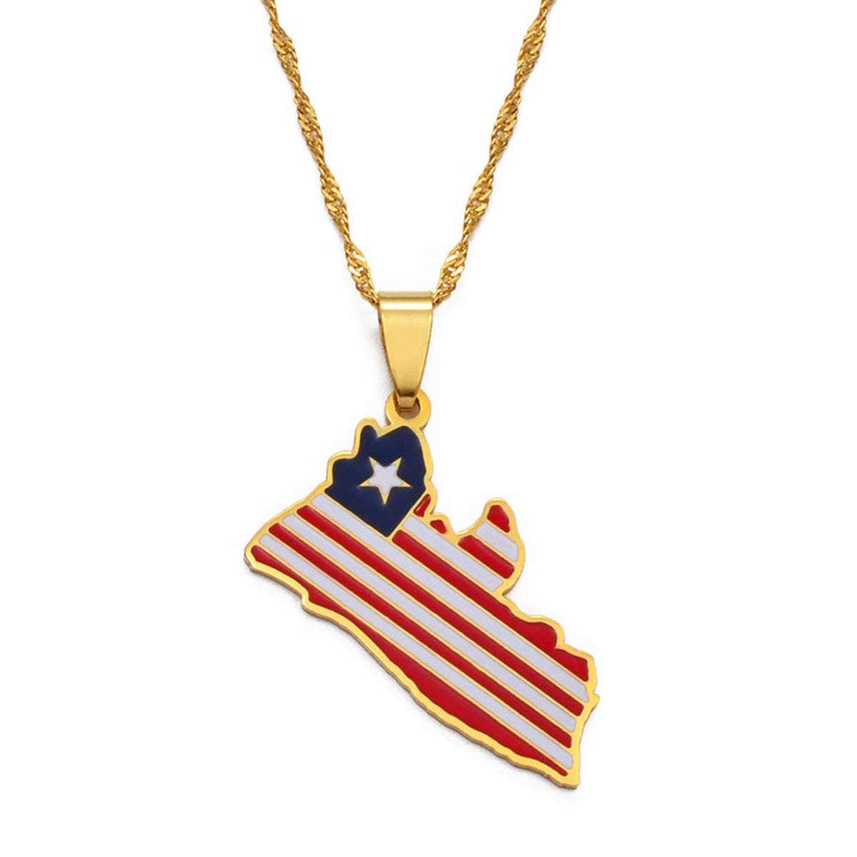 Collar con colgante minimalista con el mapa geométrico de Liberia en acero inoxidable con dije de acero de titanio y acabado galvanizado unisex