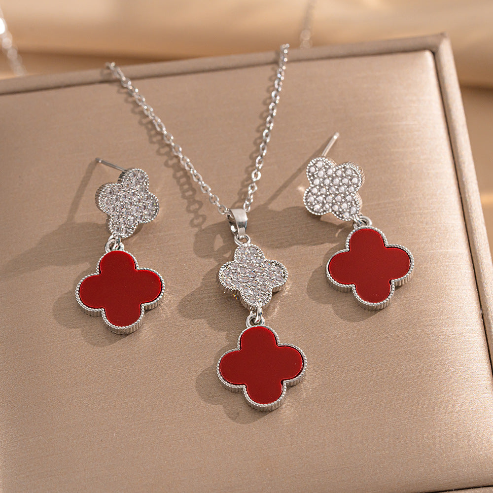 Set collana di lusso in acciaio al titanio geometrico con dettagli in strass micro-pavé e catena a maglie ovali per donna
