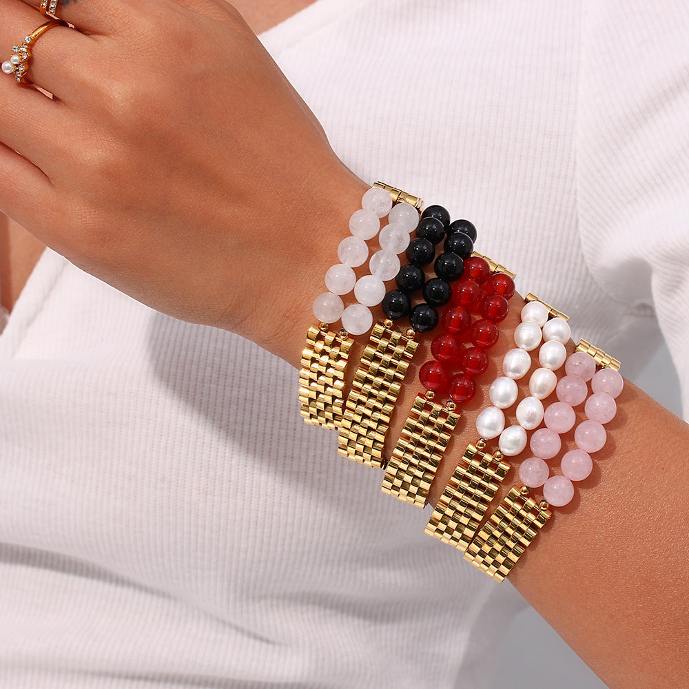 Minimalist Geometric Stainless Steel Plated Bracelet with Natural Stone Inlay for Women