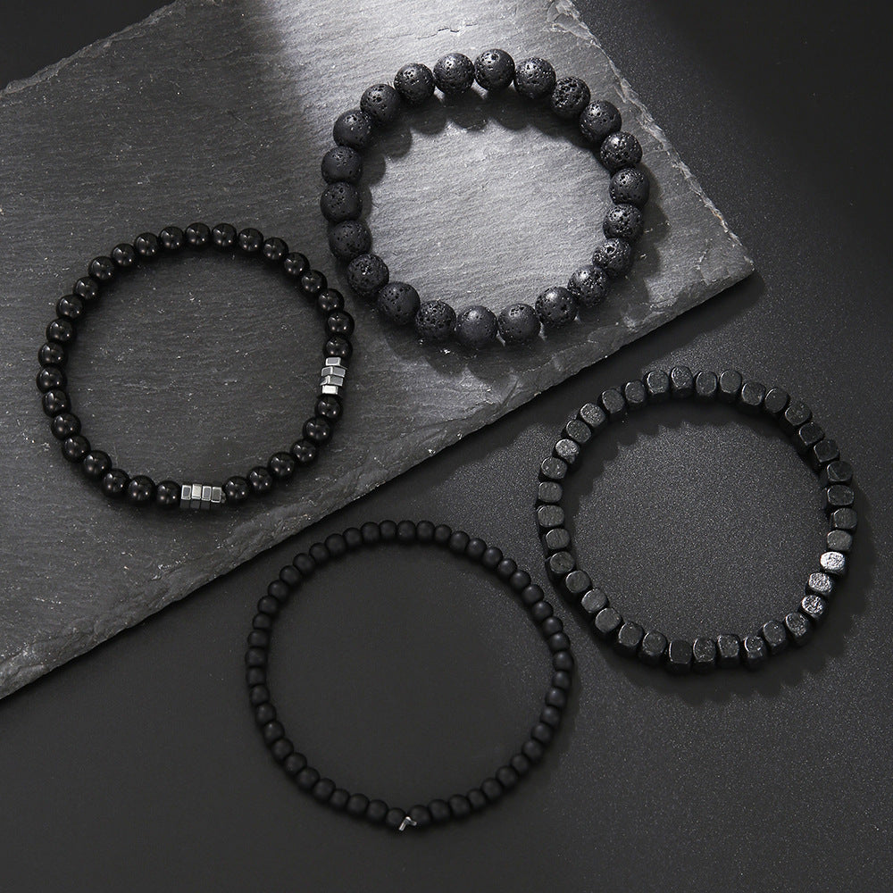 Men's Multi-Layer Matte Hematite Lava Stone Wood Bead Bracelet Set Geometric Round Elastic Band