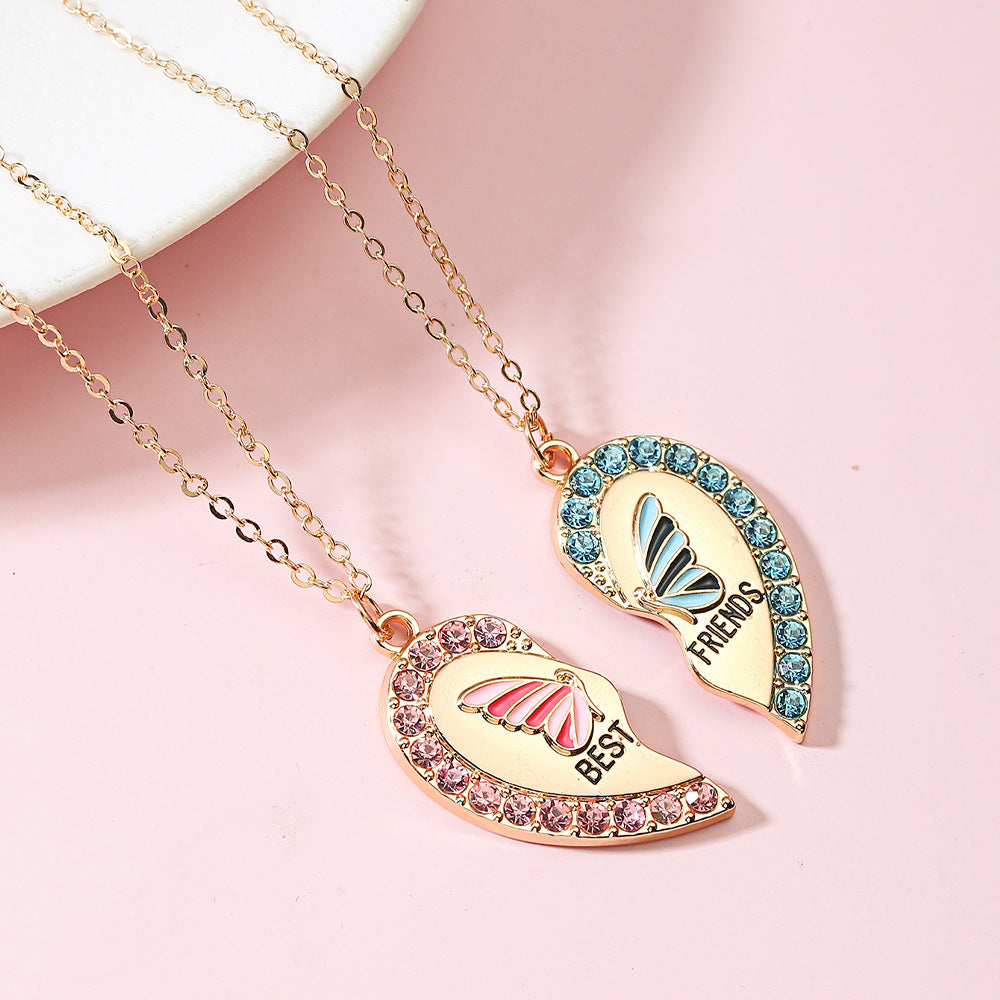 Graziosa collana a forma di cuore in lega con intarsio di strass per bambini e amici, semplice design a catena incrociata che non si ossida