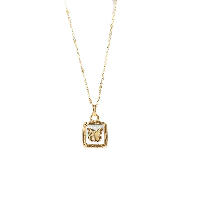 Elegant Butterfly Pendant Necklace for Women in Titanium Steel with Mother-of-Pearl Inlay, Plated Finish, O-Chain, Minimalist and Unique Style