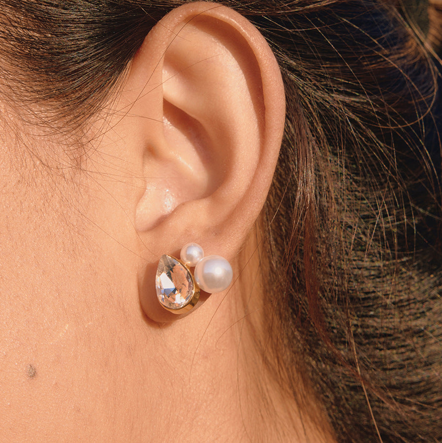 Elegant Geometric Teardrop Stainless Steel Earrings with Rhinestone and Imitation Pearl PVD Plated for Women