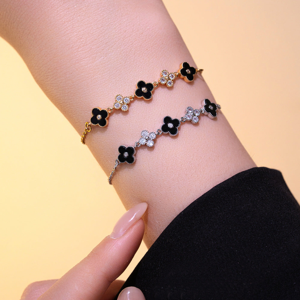 Bracciale da donna in acciaio al titanio placcato oro con zirconi intarsiati, motivo floreale e geometrico, stile pendolare, moda lusso leggero