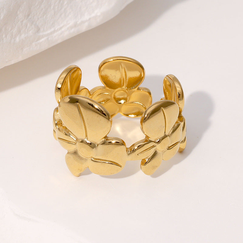 Anello Aperto da Donna Minimalista Floreale in Acciaio Inossidabile con Finitura Placcata