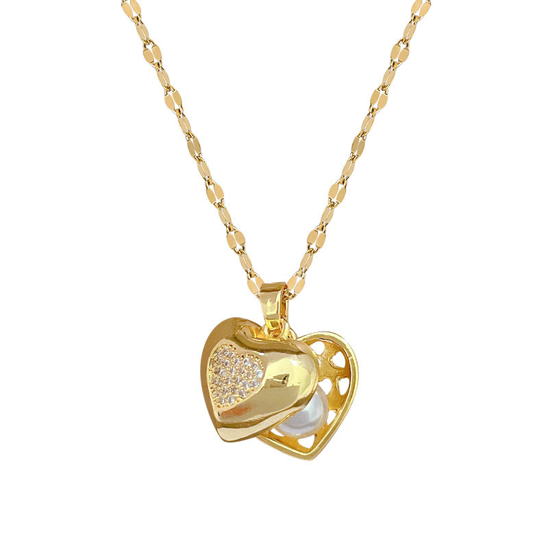 Luxury Heart-Shaped Rhinestone Pendant Necklace in Titanium Steel with Geometric Heart Chain for Women and Men
