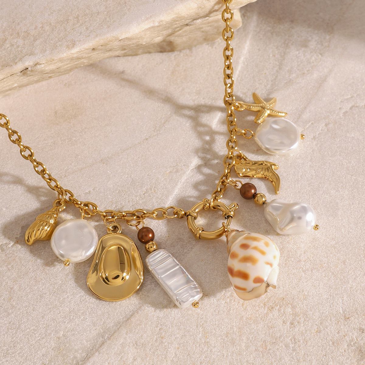 Vacation Style Irregular Pearl Pendant Necklace with Stainless Steel Sailor Clasp and Seashell Star Motifs for Women