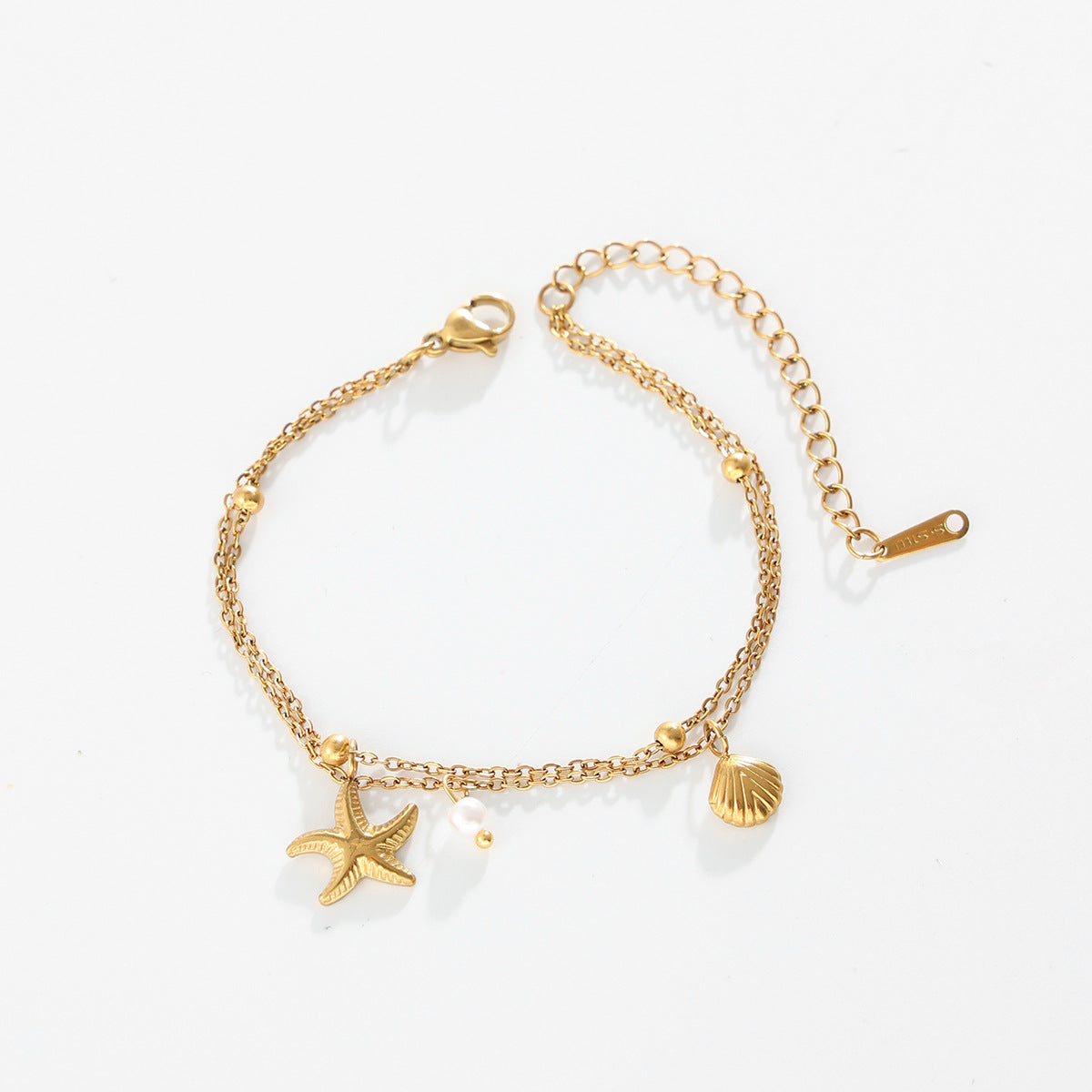 18K Gold Plated Stainless Steel Starfish Shell Pearl Anklet for Women Beach Vacation
