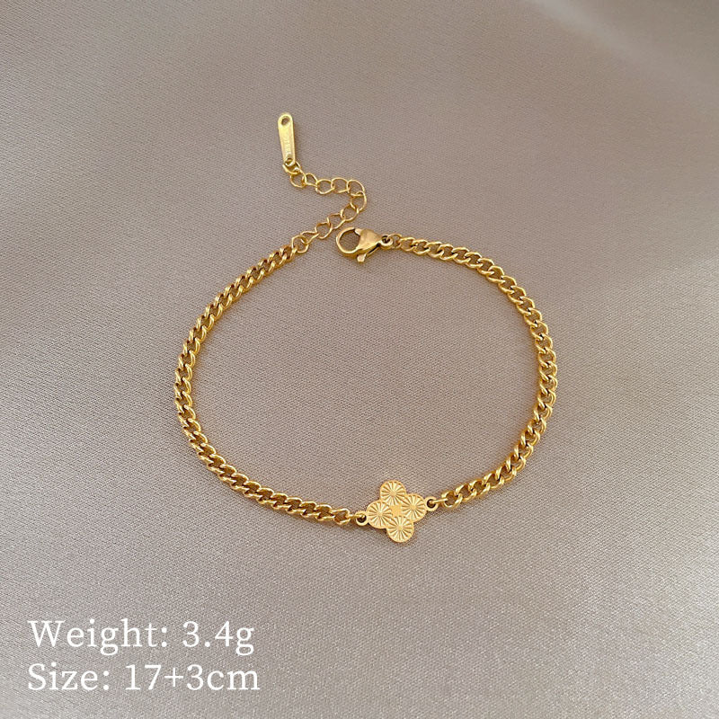 Vintage Women's Titanium Steel Rope Chain with Round Beads and Roman Numerals Gold Plated Wave Texture Four-Season Bean Hand Chain