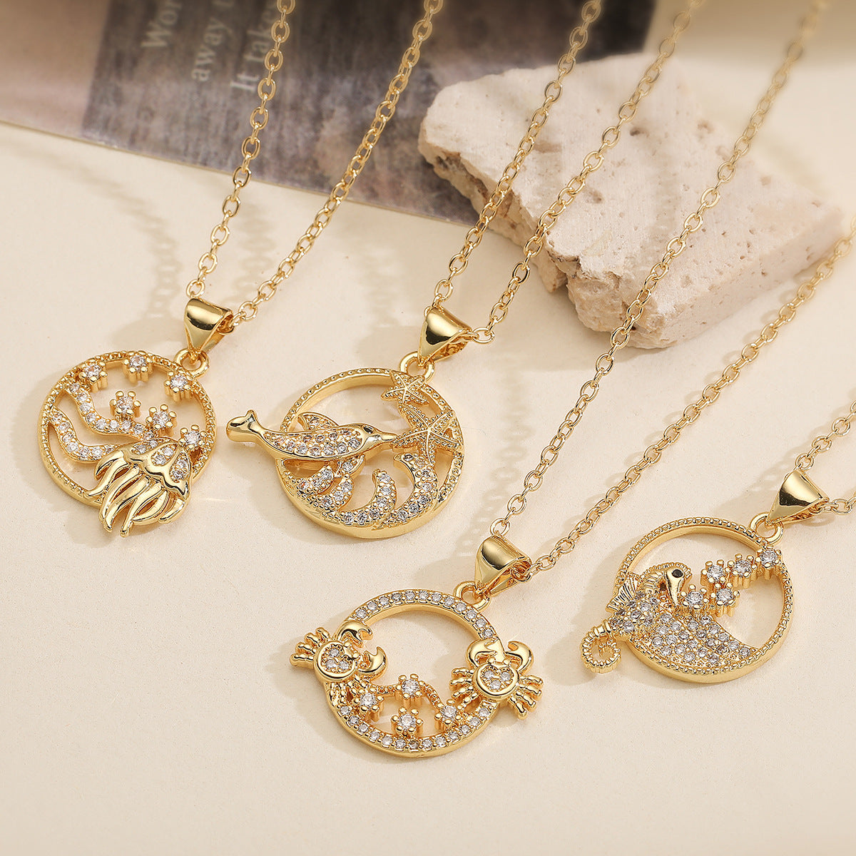 Minimalist Geometric Brass Gold Plated Cubic Zirconia Pendant Necklace