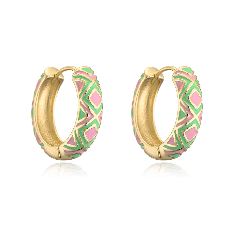 Orecchini a Cerchio Geometrici Minimalisti Retrò da Donna in Ottone Placcato Oro 18K con Finitura Smaltata
