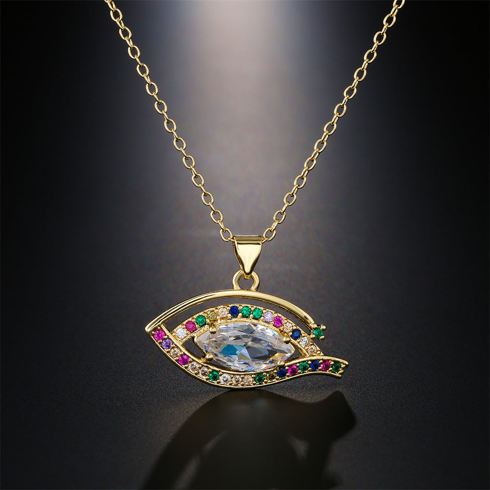Luxury Geometric Eye Pendant Necklace with Micro-Inlaid Cubic Zirconia on Brass Cable Chain