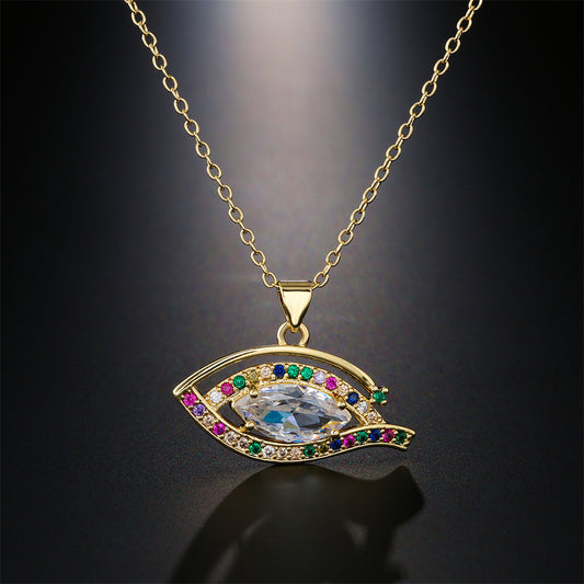 Luxury Geometric Eye Pendant Necklace with Micro-Inlaid Cubic Zirconia on Brass Cable Chain