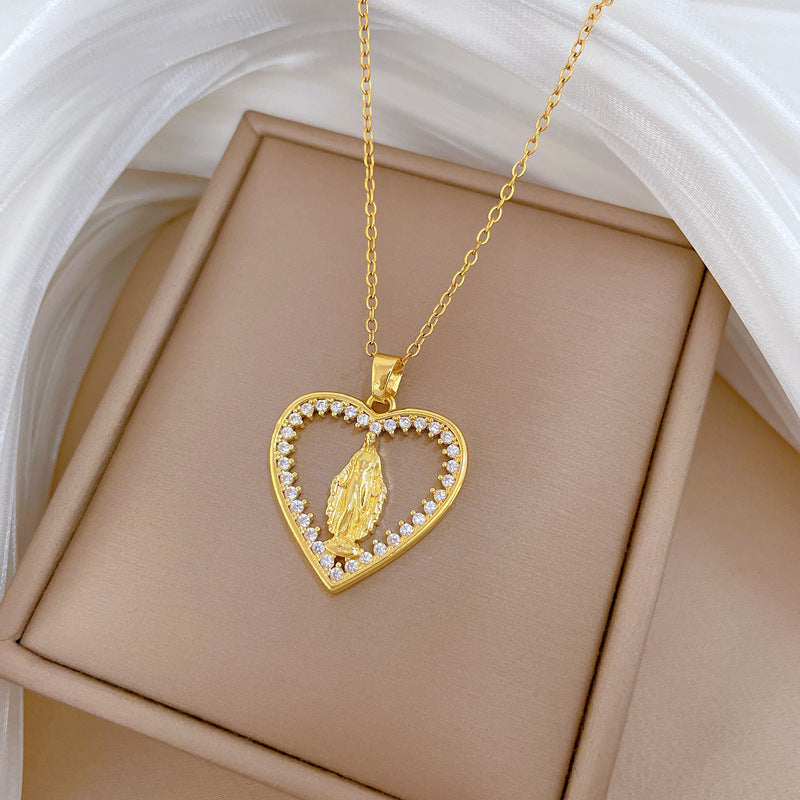 Sweet Minimalist Heart Geometric Cartoon Rhinestone Pendant Titanium Steel Necklace for Unisex