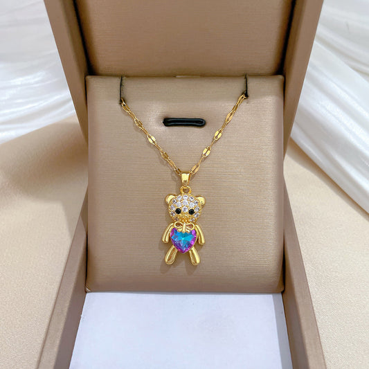 Collar con colgante de oso minimalista en forma de corazón de acero inoxidable con detalles de diamantes de imitación para mujer y hombre