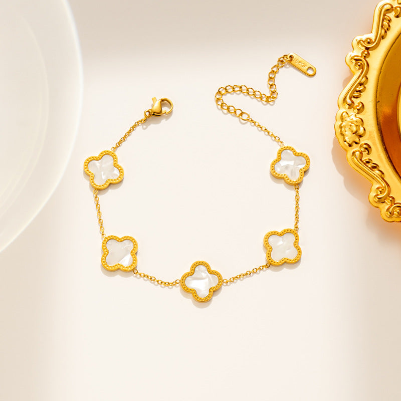 Bracciale in Acciaio al Titanio con Trifoglio a Quattro Foglie Geometrico Leggero di Lusso Placcato Oro Rosa 18K