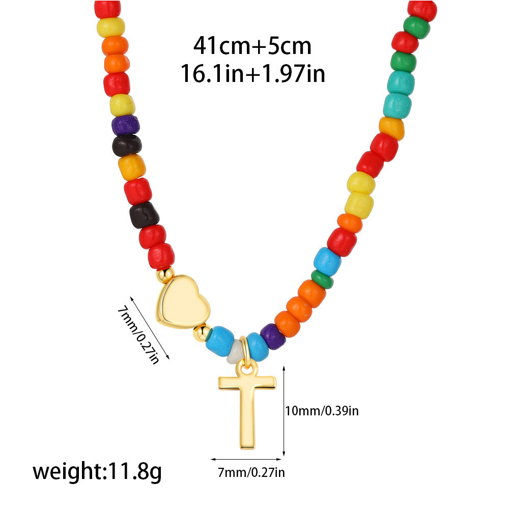 Collana Unisex Casual Placcata Oro 14K con Ciondolo a Cuore Lettera e Perline in Acciaio Inossidabile