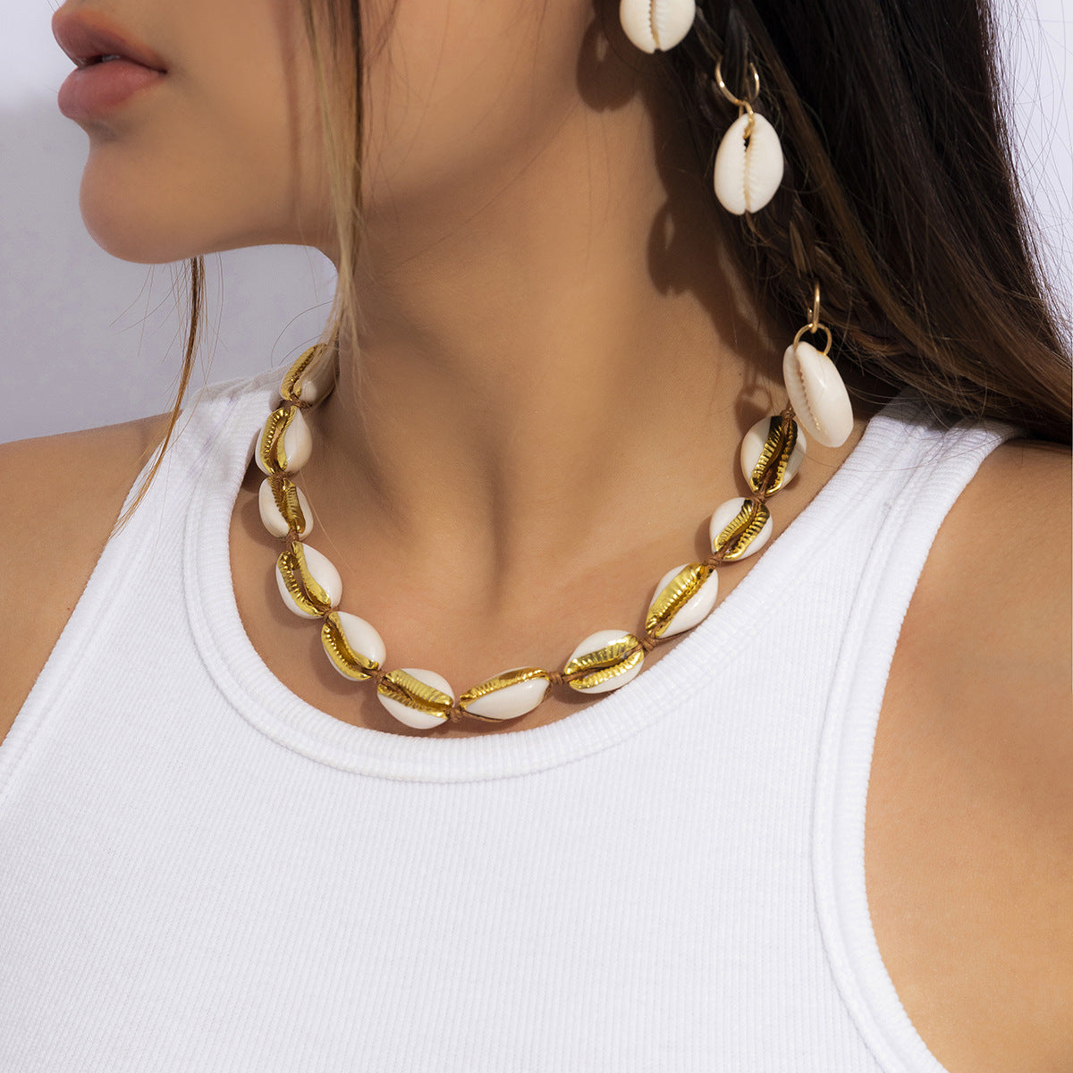 Bohemian Ethnic Geometric Shell Plated Braided Chain Necklace for Women