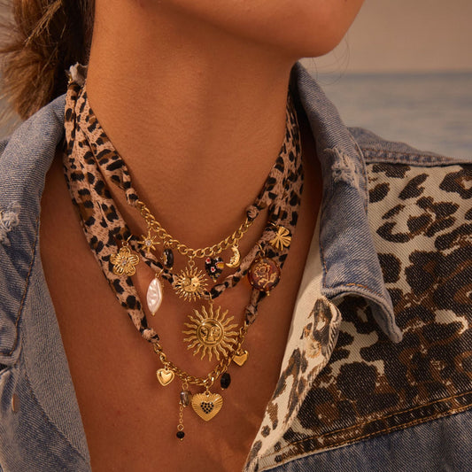 Fashionable Heart-Shaped Leopard Print Stainless Steel Necklace with Sunflower Pendant and Plated Finish for Women